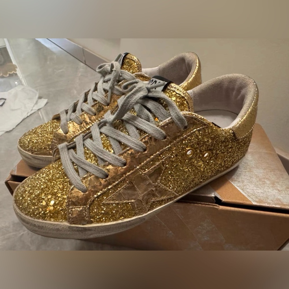Golden goose 100% Authentic Gold Glitter Sneakers Sequined shoes kids women 35
